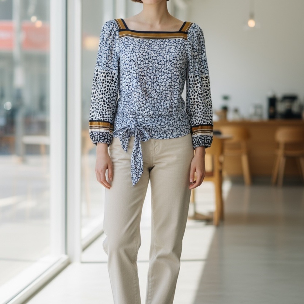 Anthropologie Maeve Blue and White Patterned Blouse with Tie Waist